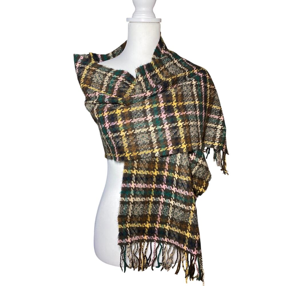 Vintage 100% Cashmere Scarf Made in Scotland Plaid Houndstooth Fringe Wrap Shawl